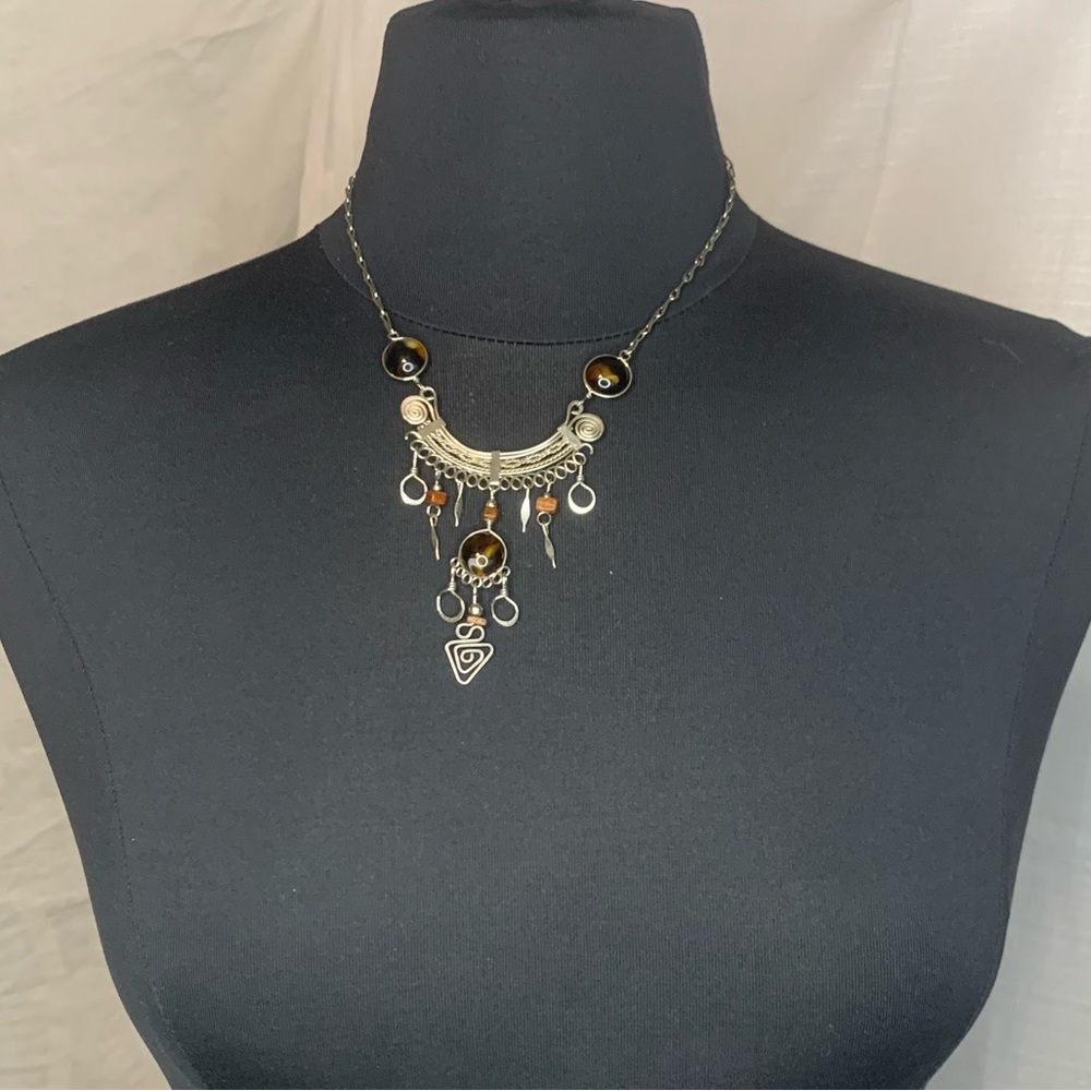 Artisan Made Peruvian Silver Necklace, 16” long, GUC, Faux Amber Glass Beads